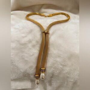 Vintage-Gold Tone Lariat Adjustable Mesh Necklace with Pearl Accents